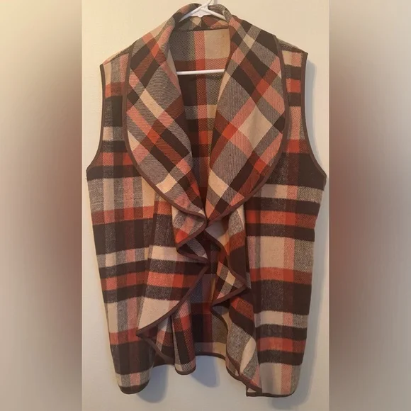 Plaid Vest Lapel Open Front Sleeveless Jacket Outerwear Cardigan with Pockets - Picture 2 of 5